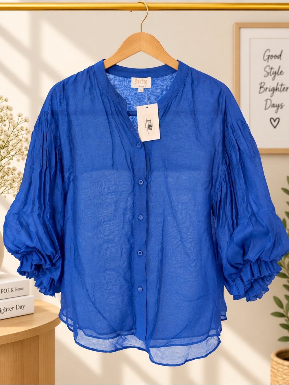 Women’s Lightweight Ruffled Sleeve Button-Front Blouse - Blue